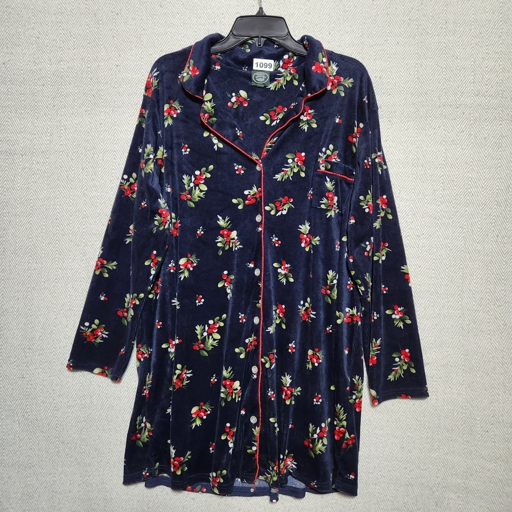 Vintage Laura Ashley 1X Floral Navy Nightgown Christmas Berries Winter